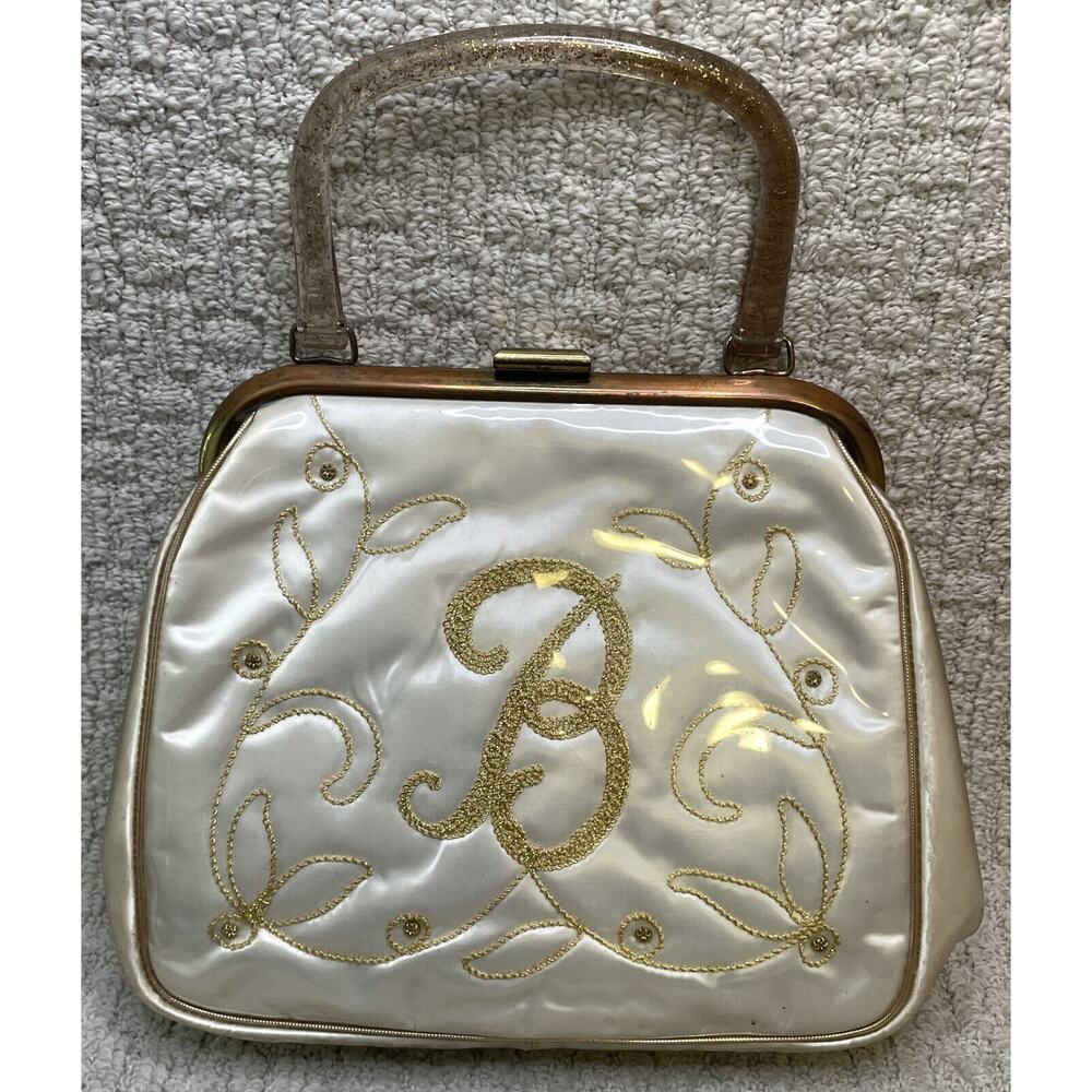 VTG "B" Initial Handbag Purse White Gold JR Julius Resnick Vinyl Glitter Handle